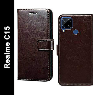 Wynhard Flip Cover for Realme C15, Realme C15 Qualcomm Edition(Brown, Grip Case, Pack of: 1)