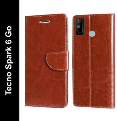 Wristlet Flip Cover for Tecno Spark 6 Go(Brown, Dual Protection, Pack of: 1)