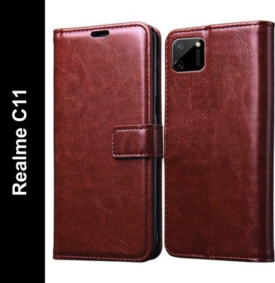 Wristlet Flip Cover for Realme C11(Brown, Cases with Holder, Pack of: 1)