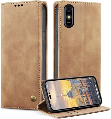 Luxury Counter Flip Cover for Lava Z61 Pro Leather Finish | Inside TPU with Card Pockets | Back Cover(Brown, Grip Case, Pack of: 1)