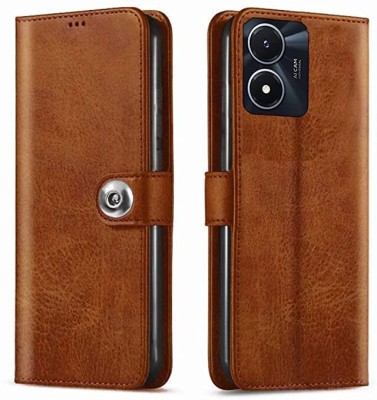 ANTAL Wallet Case Cover for Jannid Designer Button Leather Flip Cover for Vivo Y02s - Brown(Brown, Magnetic Case, Pack of: 1)