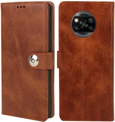 MOBCURE Flip Cover for Mi Poco X3 Pro Tich Button Leather Flip Cover - Tan Color(Brown, Pack of: 1)