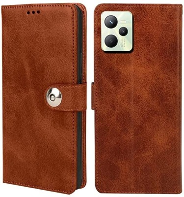 MOBCURE Flip Cover for Realme C35 Tich Button Leather Flip Cover - Tan Color(Brown, Pack of: 1)