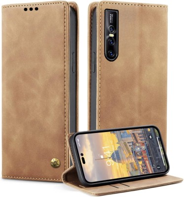Luxury Counter Flip Cover for Vivo V15 Pro Leather Finish | Inside TPU with Card Pockets | Back Cover(Brown, Grip Case, Pack of: 1)