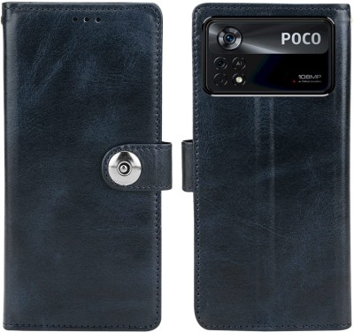 ANTAL Wallet Case Cover for Jannid Designer Button Leather Flip Cover for Poco X4 Pro 5G - Blue(Blue, Magnetic Case, Pack of: 1)