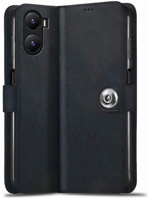 Suprint Wallet Case Cover for Jannid Designer Button Leather Flip Cover for Vivo Y16/Vivo Y56 5G/Vivo T2x 5G - Black(Black, Magnetic Case, Pack of: 1)