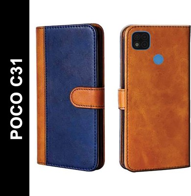 Mycos Flip Cover for Poco C31(Blue, Brown, Shock Proof, Pack of: 1)
