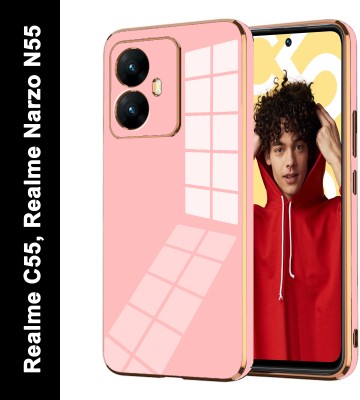 VAPRIF Back Cover for Realme C55, Realme Narzo N55, Golden Line, Premium Soft Chrome Case | Silicon Gold Border(Pink, Shock Proof, Silicon, Pack of: 1)