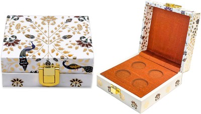IZZHAAR Peshkari Handcrafted Wooden Four Coin Ginni Shagun Box- White & Gold Cash Box(4 Compartments)