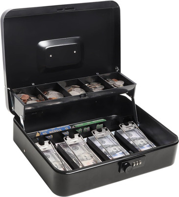 GOBBLER Cash box with Combination Lock & 2 Level Money Tray, Metal Money Box - Black Cash Box(10 Compartments)