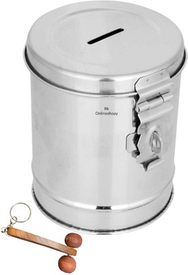 RK Handicraft Stainless Steel Round Shape Gullak Bank with Cash Box(1 Compartments)