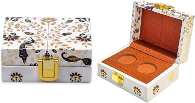 IZZHAAR Peshkari Handcrafted Wooden Two Coin Ginni Shagun Box- White & Gold Cash Box(2 Compartments)