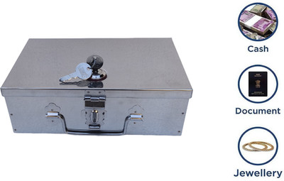 Crevita Stainless Steel Storage Boxes With pri fitted lock and 2 key Size- -9 inch Cash Box(1 Compartments)