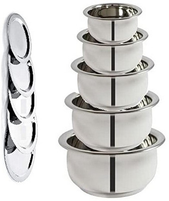HM EVOTEK Pack of 10 Stainless Steel Biryani Handi, Milk Pot Pan Handi with Lid Set of 5 Cookware Set Patila K2 Dinner Set(Silver, Microwave Safe)