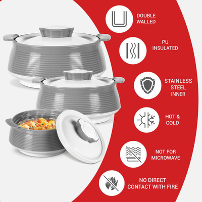 MILTON Venice Jr. Insulated Inner Stainless Steel Pack of 3 Thermoware Casserole Set(450 ml, 850 ml, 1350 ml)