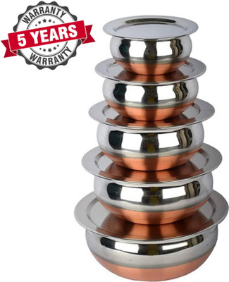 Qality Heavy Copper Bottom Handi set with lid/ copper bhagona/steel bhagona Pack of 5 Cook and Serve Casserole(1750 ml, 1450 ml, 950 ml, 700 ml, 400 ml)