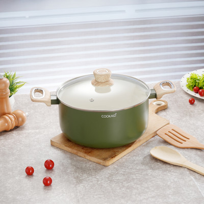 CookAid Velora Series Non Stick Ceramic Casserole 22 cm with Glass Lid Pack of 2 Cook and Serve Casserole(3900 ml)