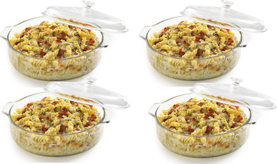 Ginoya Brothers Glass Casserole Classic Deep Round Oven and Microwave Safe Serving Bowl Pack of 4 Cook and Serve Casserole(1000 ml)