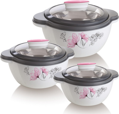 Flipkart SmartBuy Glaze Pink Jr Inner Stainless Steel Serving Casserole Set With Transparent Lid Pack of 3 Thermoware Casserole Set(500 ml, 800 ml, 1200 ml)
