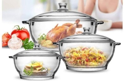 promise plus group Casserole Deep Round 1 LTR Oven and Microwave Safe Serving Bowl with Glass Pack of 3 Serve Casserole(1000 ml)