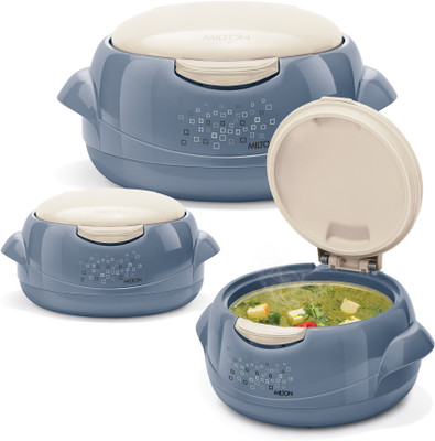 MILTON Microwow Jr 3pc Inner Steel Casseroles One Touch Lid 400,750,1340ml, Stone Blue Pack of 3 Cook and Serve Casserole Set(1340 ml)
