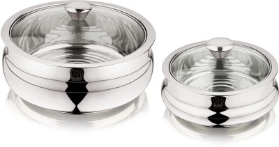 NanoNine Bellyno Double Wall Insulated Stainless Steel with Glass Lid Pack of 2 Serve Casserole Set(750 ml, 1240 ml)