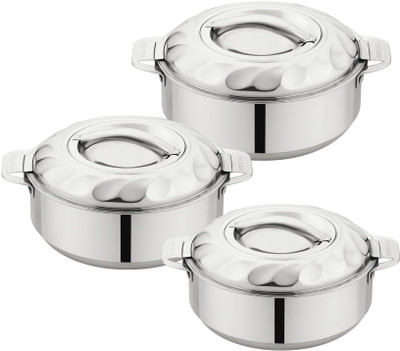 TSUMAB 3 Pc Steel Casserole Set (1000,1500,2500ml) Double Wall – Silver Pack of 3 Cook and Serve Casserole(5000 ml)