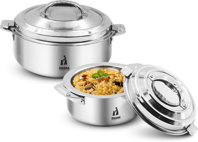 Dhara Stainless Steel Champion Cassarole Gift Set Silver Double Wall Insulated Pack of 2 Serve Casserole Set(600 ml, 700 ml)