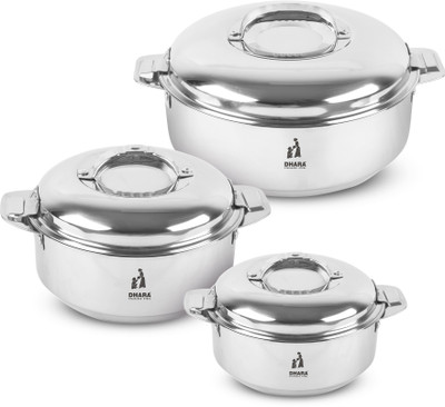 Dhara Stainless Steel Ultra Cassarole Gift Set Silver Double Wall Insulated Pack of 3 Serve Casserole Set(700 ml, 1000 ml, 1800 ml)
