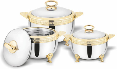 BONJOUR Roseate Gold Finish Steel PUF Insulation Hot Food Storage Pack of 3 Serve Casserole(1500 ml, 2000 ml, 3000 ml)