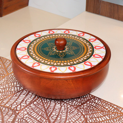 loosebucket loosebucket®The Mandala Magic Chapati Box, Mango Wooden Chapati Box with Lid, Serve Casserole(2000 ml)