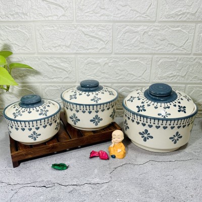 HomeFrills Hand painted ceramic Jar & Containers/Donga/Casseroles with Lid set colour-Grey Pack of 3 Cook and Serve Casserole Set(1000 ml, 500 ml, 300 ml)