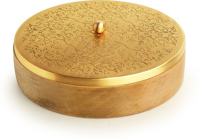 ExclusiveLane Handcrafted' Chapati Roti Box Brass & Mango Wooden Serve Casserole(1000 ml)