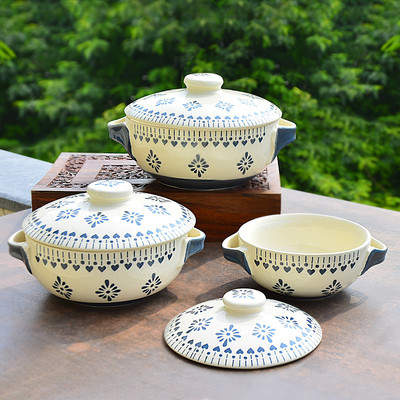StyleMyWay Hand Painted Large Ceramic Serving Donga Set with Lid and Handle | Pack of 3 Serve Casserole Set(1200 ml, 1000 ml, 800 ml)