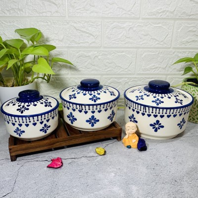 HomeFrills Hand painted ceramic Jar & Containers/Donga/Casseroles with Lid set colour-Blue Pack of 3 Cook and Serve Casserole Set(1000 ml, 500 ml, 300 ml)