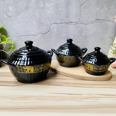 HomeFrills Egyptian Design Handprinted ceramic Jar &Containers/Donga with Lid colour- Black Pack of 3 Cook and Serve Casserole Set(1000 ml, 500 ml, 250 ml)