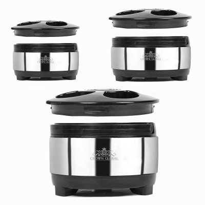 crown global Hot Chapati Box Stainless Steel Casserole Keeps Roti Rice Meals Fresh Pack of 3 Thermoware Casserole(2000 ml, 2500 ml, 3000 ml)