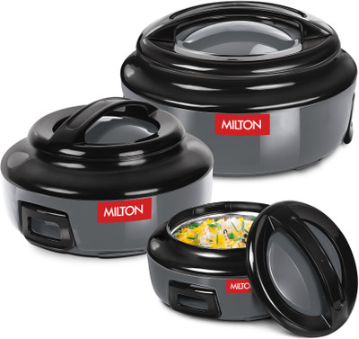 MILTON Ernesto Inner Steel Jr Casserole Set Of 3 (420 Ml, 850 Ml, 143 Litres), Grey Pack Of 3 Thermoware Casserole Set On Flipkart For Rs. 999 @ 67% off