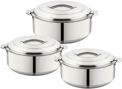 TSUMAB 3 Pc Steel Casserole Set (1000,1500,2500ml) Insulated Hotpot – Silver Pack of 3 Cook and Serve Casserole(5000 ml)
