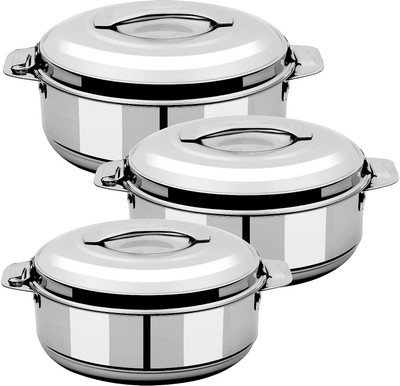 MITHALI Steel Double Insulated Hot Pot Pack of 3 Cook and Serve Casserole(1500 ml, 2500 ml, 3500 ml)