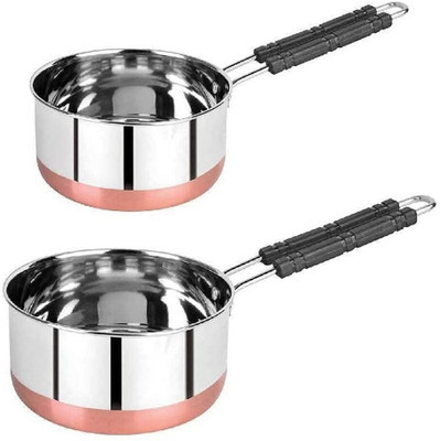 Masox Store Stainless Steel Copper Bottom Sauce Tea Pan 2 pcs Combo Set | Tea Coffee Pan K2 Paniarakkal Set with Lid 1 L capacity 22 cm diameter(Steel, Non-stick, Induction Bottom)