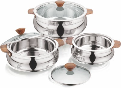 NanoNine Royale SteelWood Double Wall Insulated Stainless Steel Casserole with Glass Lid Pack of 3 Serve Casserole Set(750 ml, 1240 ml, 2650 ml)