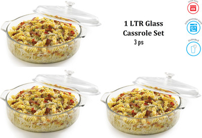 Ginoya Brothers Glass Casserole Classic Deep Round Oven and Microwave Safe Serving Bowl Pack of 3 Cook and Serve Casserole(1000 ml)