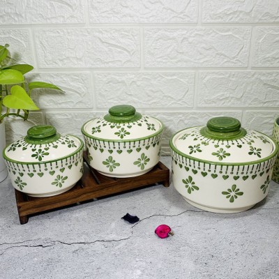 HomeFrills Hand painted ceramic Jar & Containers/Donga/Casseroles with Lid set colour-Green Pack of 3 Cook and Serve Casserole Set(1000 ml, 500 ml, 300 ml)