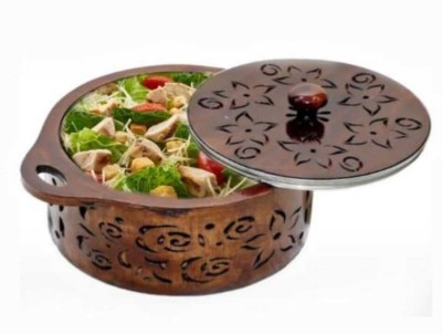 Bushra Wooden Casserole Roti Box Chapati Hot Pot Case Stainless Steel with Wood Round Serve Casserole(200 ml)