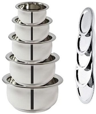 HM EVOTEK Pack of 10 Stainless Steel Steel Stainless Steel Handi with Lid Cooking Serving Pot 5 Pc, Biryani Handi K2 Dinner Set(Silver, Microwave Safe)