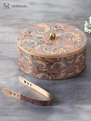 nestroots Casserole chapati Box Wooden hot Box Set for Kitchen | chapati Box Food Warmer hotcasese Set / hotpot roti Box with Printed Lid & Tong (Mango Wood Grey , 9 inch ) Serve Casserole(800 ml)