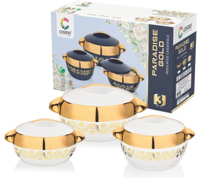 COSMO Paradise Gold | Insulated Inner Steel | BPA Free | Food Grade White-Serving Pack of 3 Serve Casserole Set(850 ml, 1250 ml, 1750 ml)