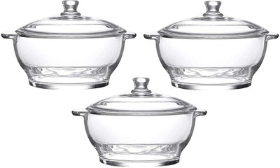 Isipho 2500 ml Toughened Glass Microwave Dishwasher Safe Serving Bowl Casserole & Lid Pack of 3 Serve Casserole Set(2500 ml)