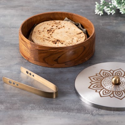 nestroots Casserole Wooden hot Box Set for Kitchen | chapati Box Food Warmer hotcasese Set / hotpot roti Box with Flower Designer lid Tong (Silver , 9 inch ) Serve Casserole(800 ml)